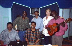 Playhouse Studios 2002 - 14 Shabalala (right) recording with members of Ladysmith Black Mambazo (l-r) Russell Mthembu, Albert Mazibuko, Joseph Shabalala , Thamasanqa Shabalala & David Marks